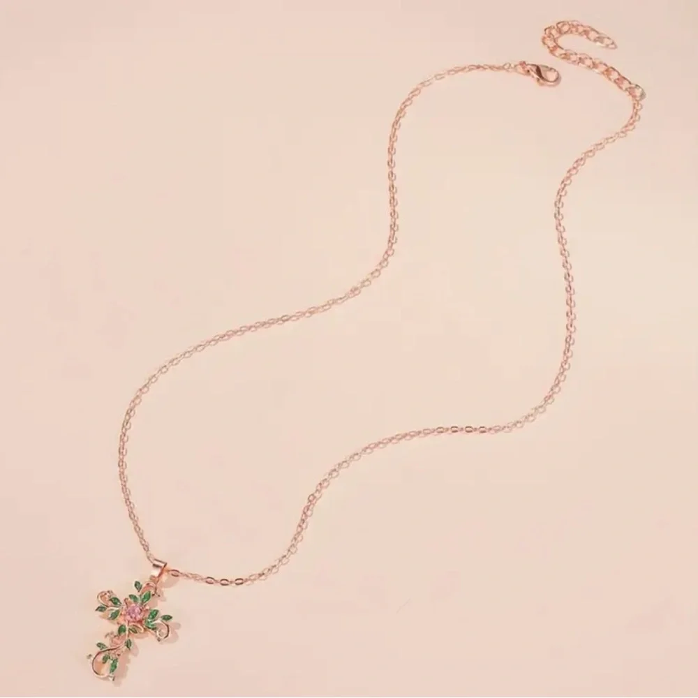Flower and Cross Elegant Fashion Necklace, Faux Diamond Leaf w Dainty Chain